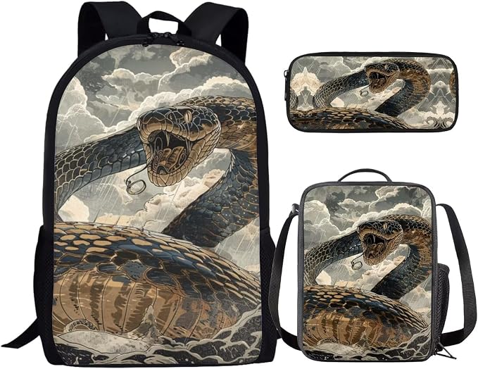 17 Inch Animal Print School Backpack And Lunch Box Set for Kids Lightweight Cool Snake Backpack for Boys Girls Sturdy School Bag with Insulated Lunchbox Pencil Case Student Bookbag by Parprinty