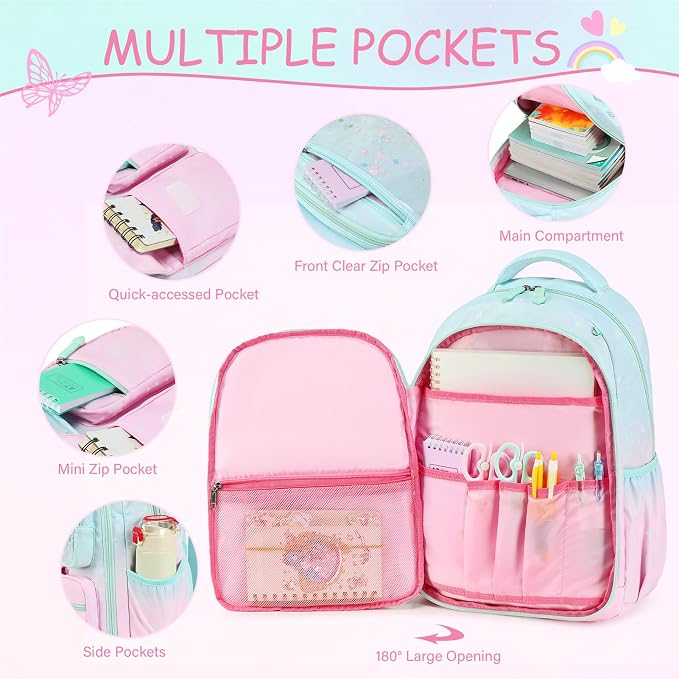 ACESAK Kids School Backpack for Girls, Mermaids Bookbag Backpack with 14OZ Water Bottle, Lunch Bag Set for GirlsTeens Middle Student, Girls Backpacks for School (Pink Green) - Image 3