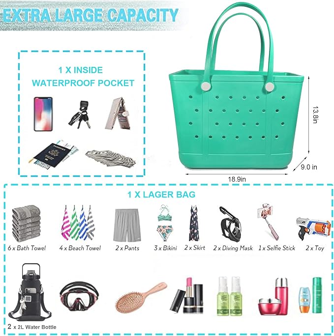 Extra Large Rubber Beach Bag Tote Bag for Women Waterproof Bag | Waterproof EVA Beach Tote with Zipper Pocket & Non-Slip Bottom | Sturdy Tote for Beach Pool Boat Groceries & Travel - Image 6