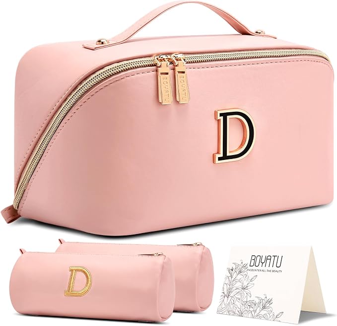 BOYATU Personalized Travel Makeup Bag: 3-in-1 Cosmetic Bag Gift for Women | Initial Make up Bag Organizer - Custom Letters A-Z - Flat Open Portable Toiletry Bag for Birthday Graduation Anniversary by BOYATU