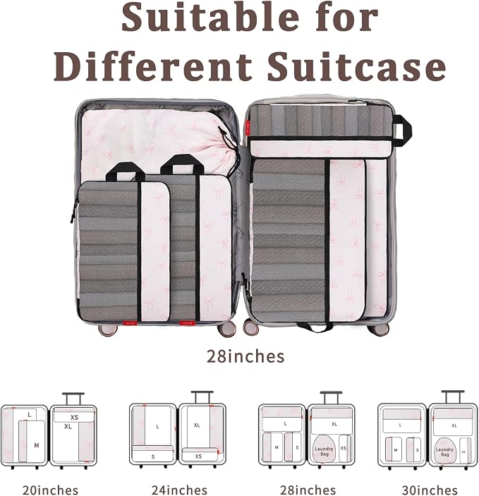 U+U 6 Set Compression Packing Cubes - Ultralight Travel Organizers with Laundry Bag, Space-Saving Suitcase Organizer, Expandable Packing Cubes for Travel, Business Trip and Family Vacation (Pink Bow) - Image 6