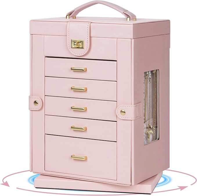 AKOZLIN 6-Tier Jewelry Box Organizer Functional 5 Drawers Leather Jewelry Storage Case for Women Girls Ring Necklace Earring Bracelet Holder Organizer with Mirror Pink 360° Rotating - Image 7