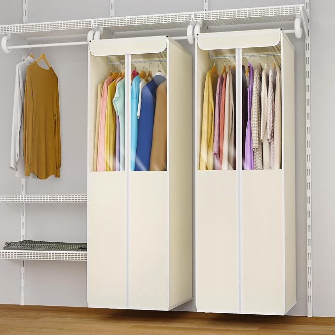 Univivi Garment Bags for Hanging Clothes, 2 Pack Large Clothes Storage Bags Closet Organizer with Clear Window, Premium Hanging Garment Storage Bag for Suits, Coats, Dresses, 54" (Beige) - Image 6