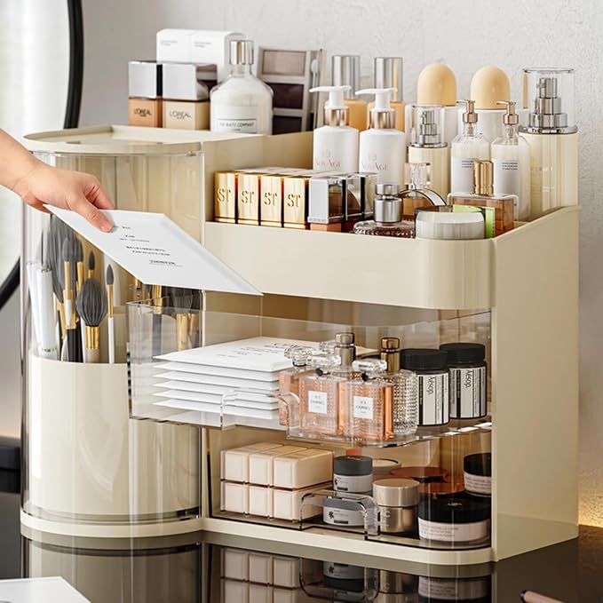Makeup Organizer with Rotating Brush Holder Cosmetic Organizer with Drawers Countertop Skincare Organizer for Vanity,Cosmetic Display Case Storage (Cream, Large) - Image 3