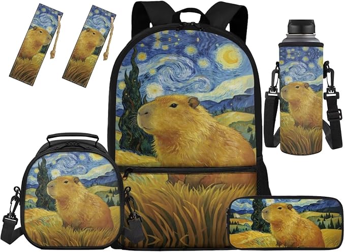 Capybara Backpack for Boys Bookbag with Lunch Box Set of 5 Boys Printed 5 Pcs Bookbag Set Pencil Case Water Bottle Sleeve Bookmark School Gifts by Unknown