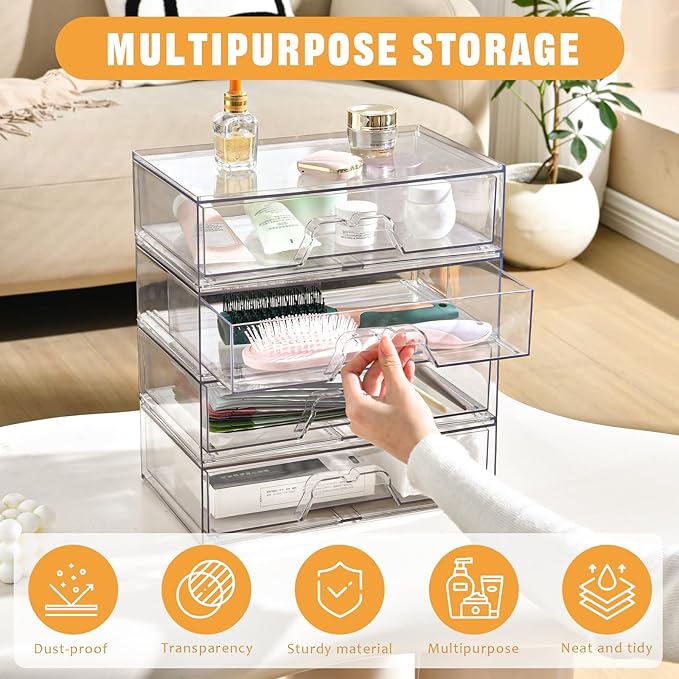 5 Pack Makeup Organizer Stackable, 12.1''L Bathroom Organizer and Storage Acrylic Undersink Drawer Organizer, Cosmetics and Beauty Supplies,Clear Plastic Storage Bins for Vanity,Pantry,Cabinet,Kitchen - Image 5