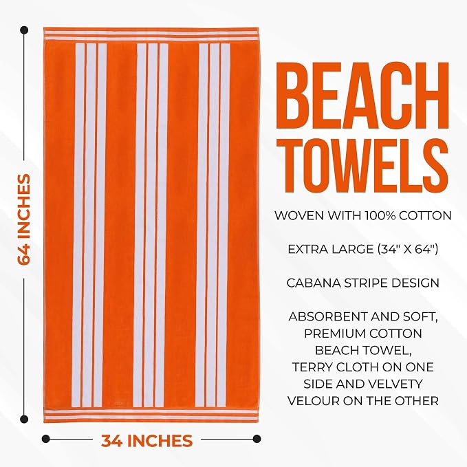 Superior Cotton Cabana Striped Beach Towels, Colorful Towels for Adult, Kid, Pool, Swimming, Sand, Travel, Large Oversized, Absorbent, Fast Drying, Bath Basics, Cabana Collection, 1 Piece, Orange - Image 5