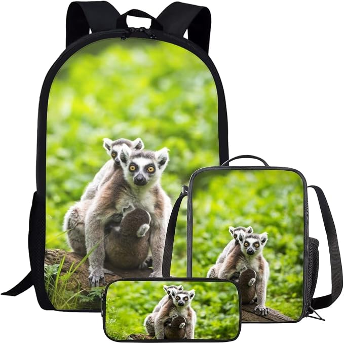 Kids Novelty Animal Backpack and Lunch Box for Boys Girls Student Lightweight 17 Inch School Lemur Backpack with Lunch Bag Pencil Case Kids Comfy Padded Black Large Bookbag by Parprinty