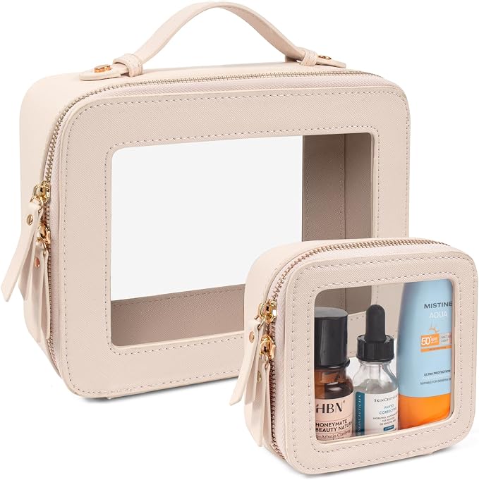 LETGO 2 Pack Clear Travel Toiletry Bag for Women, Large & Mini Waterproof PU TSA Approved Cosmetic Pouches,Portable Beach Vacation Makeup Organizer Set,See Through Skincare Sunscreen Bags for Women by LETGO