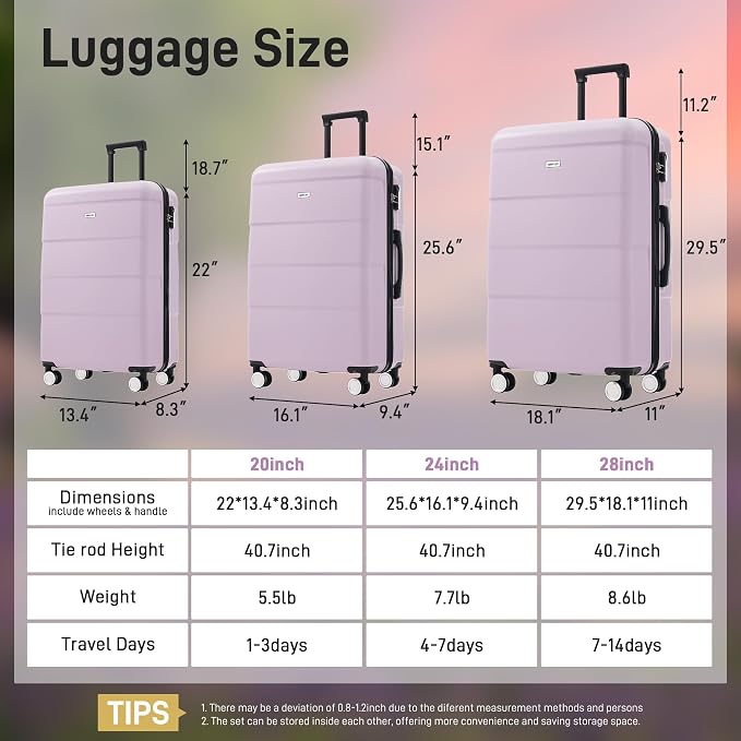 Merax Luggage Set, 3 Piece Hardcase Luggage with Double Spinner Wheels | Carry on Suitcase Airline Approved,20+24+28 inch,Pink Purple - Image 7