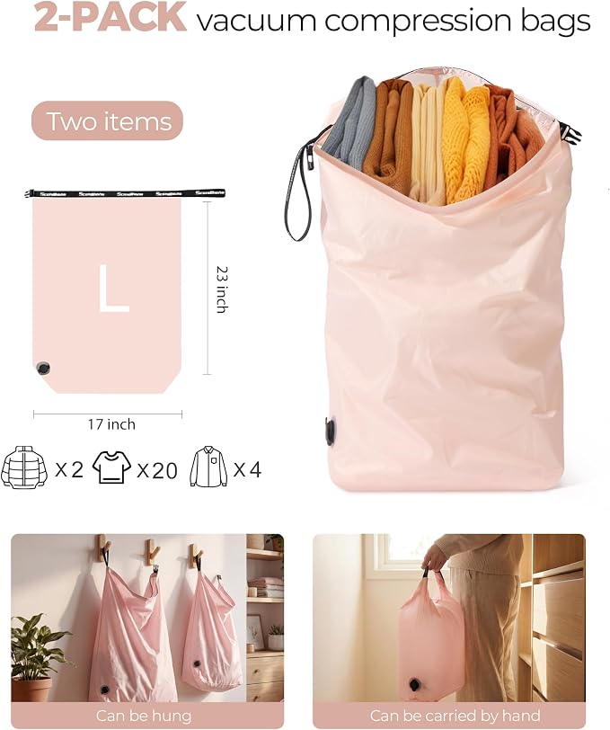 Travel Laundry Bag, Pump-Free Vacuum Compression Dirty Clothes Bag, Reusable Waterproof & Washable Laundry Bag, Wet and Dry Bag, Ideal for Suitcases, Road Trip Essentials (2 Pcs, L+L) Pink - Image 2