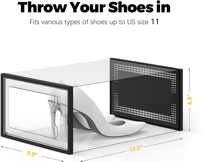 SEE SPRING X-Large Black Modern Plastic Shoe Box, 12 Pack, Clear Front Door, Stackable, Foldable, Ventilated, Fits US Size 11, 13.2''L9.1''W7.3''H Inch, 655.65 Cubic Inches, Already Assembled - Image 5