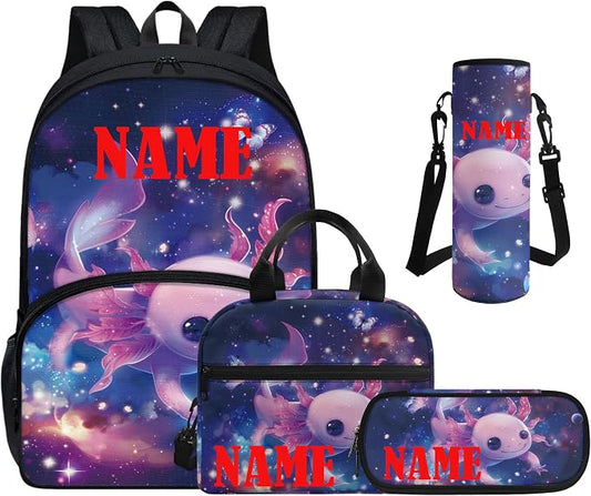 Personalize Galaxy Axolotl Backpack with Name 4 Pcs Toddler Kids Boy Girl Axolotl School Bag Set with Lunch Box Water Bottle Bag Pencil Case Casual Daypack Back to School Supplies 9-10 by FUIBENG