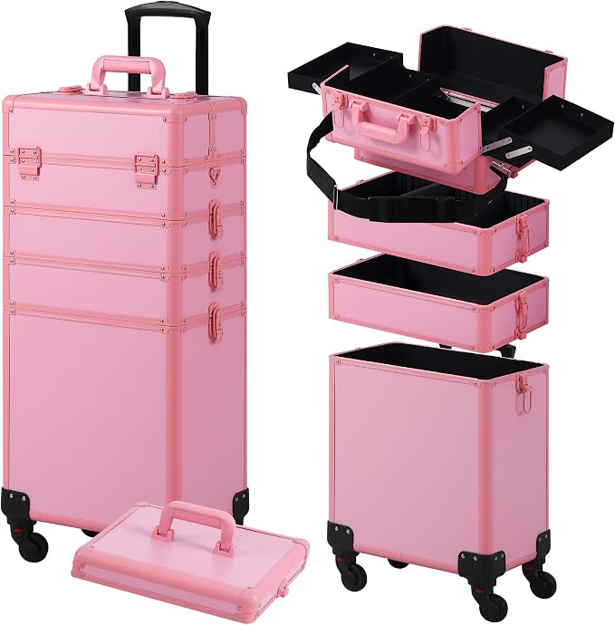 Somduy Makeup Train Case, Rolling Makeup Case with Lid, 5 in 1 Cosmetology Case on Wheels, Christmas Gift, Large Makeup Case Organizers, Profesional Cosmetic Case for Salon Barber, Pink - Image 9