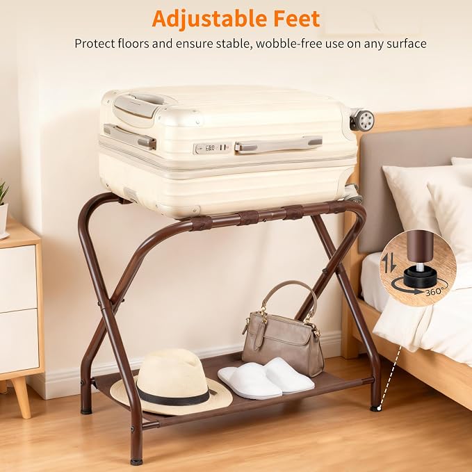 Heybly Luggage Rack for Guest Room, Pack of 2, Steel Folding Suitcase Stand with Storage Shelf for Bedroom, Hotel, Foldable Steel Frame, Guest Room 26.2" L x 14.4" W x 20.5" H, Brown HLR004Z2 - Image 7