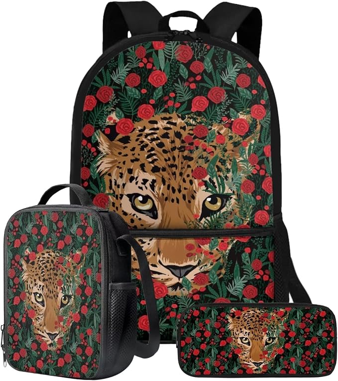 Rose Floral Leopard Print Backpack Set for Student Schoolbag Large Capacity Bookbag Lunch Box Pencil Case 17 Inch Travel Laptop Backpacks Lightweight Rucksack Daypack for Outdoor by ZIATUBLES