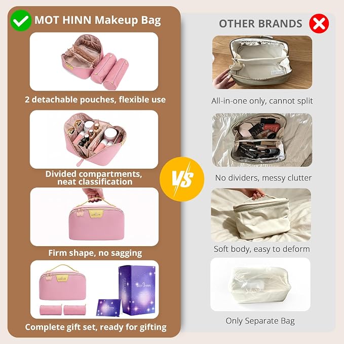 Travel Makeup Bag for Women: 3-in-1 Large Capacity Cosmetics Organizer with 2 Detachable Pouch - Vegan Leather Flat Open Toiletry Bag - Portable Travel Essentials for Full-Sized Bottles(Pink) - Image 3