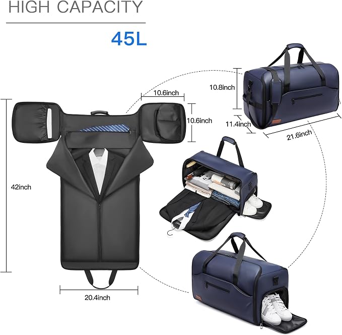 Garment Bags for Travel,45L Carry on Convertible Garment Duffle bag for Men Women - 3 in 1 Hanging Suit Travel Bag with Shoulder Strap - Image 2