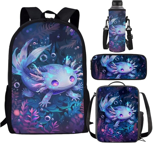 Galaxy Axolotl Backpack with Lunch Box Kids Girls 6-8/5-7 Ocean Elementary School Bookbag Lunch Bag Pencil Case Water Bottle Holder 17in Under the Sea Book Bags 4PCS Student Back Pack Set by SCRAWLGODDreamWardrobe