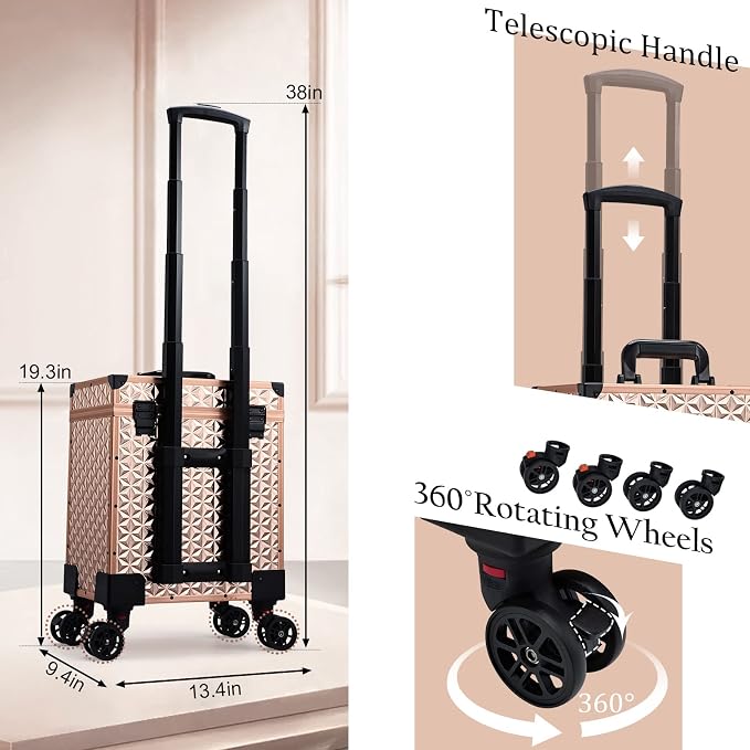 FRENESSA Professional Rolling Makeup Case Aluminum Trolley Train Case with Swivel Wheels for Makuep Artist Travel Cosmetic Organizer with Sliding Drawers for Nail Tech Hairstylist Barber Rose Gold - Image 6