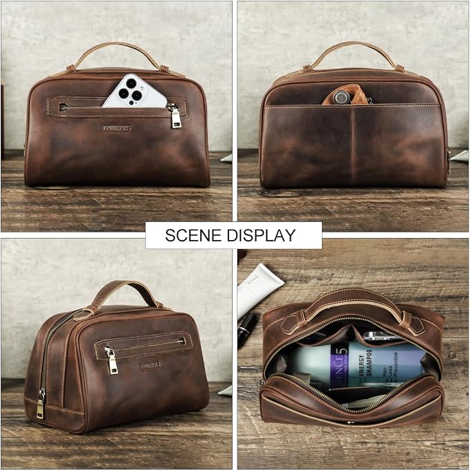 Contacts Full Grain Leather Travel Toiletry Bag for Men Wash Bag Bathroom Shaving Dopp Kit Toiletries Organizer Vintage Cosmetic Bag - Image 7