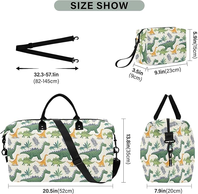 senya Weekender Bags Travel Duffel Gym Bag Green Dinosaurs Carry on Overnight Tote Bag with Toiletry Bag for Airplane Travel Trip Gym Yoga, g368733851p1006c1071s2442 - Image 3