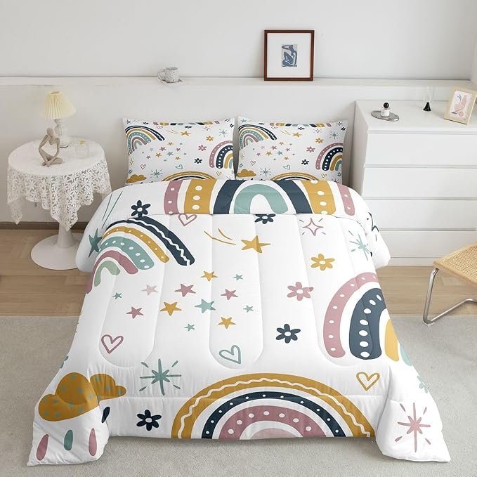 Girls Rainbow Comforter Set Twin Size, Kawaii Decor Bedding Set For Kids Boys Children Teens Bedroom Decor, Iridescent Sun Duvet Insert Hand Drawn Rainbow Down Comforter All-Season Quilt, Colorful - Image 2