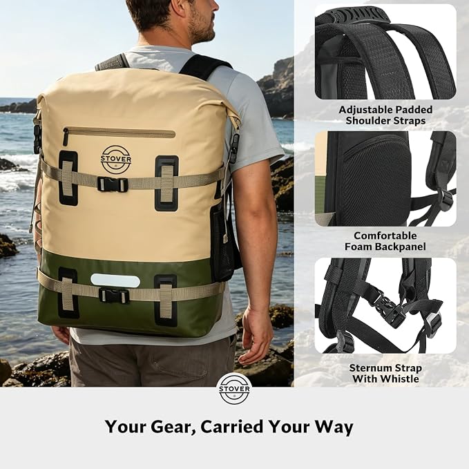 STOVER 30/40/55L Waterproof Dry Backpack & Phone Case - 2XL Floating Dry Bag for Kayaking, Travel, Hiking, Fishing, Camping, Motorcycles & Beach, Heavy-Duty Roll Top Men/Women (Tan/Army Green/Brown) - Image 4