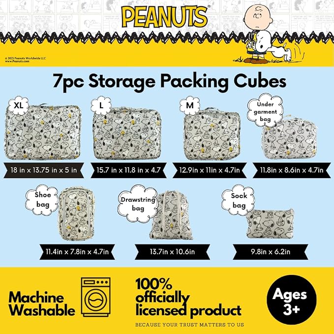 Peanuts Snoopy Beauty 7 Piece Soft Storage Organization Packing Cubes Travel Set (Officially Licensed Product) By Franco Collectibles - Image 2