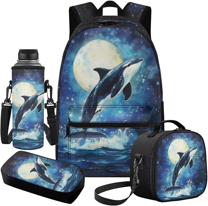 Moonlight Killer Whale Backpacks for Girls 10-12 Lightweight Boys Backpack and Lunch Box Set 4 Piece Back to School Essentials for Teen Kids Age 8-10 Travel Sport Bookbag Back Pack - Image 2