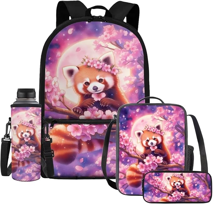 Kawaii Red Panda Cherry Blossom Girls 4Pcs School Backpack with Lunch Box 17 Inch School Bag and Pencil Case Water Bottle Pouch, Cute Floral Animal Bookbag Elementary Kindergarten by Dremagia