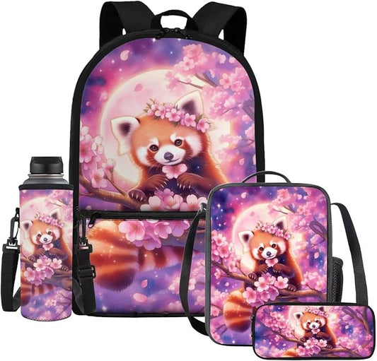 Kawaii Red Panda Cherry Blossom Girls 4Pcs School Backpack with Lunch Box 17 Inch School Bag and Pencil Case Water Bottle Pouch, Cute Floral Animal Bookbag Elementary Kindergarten by Dremagia