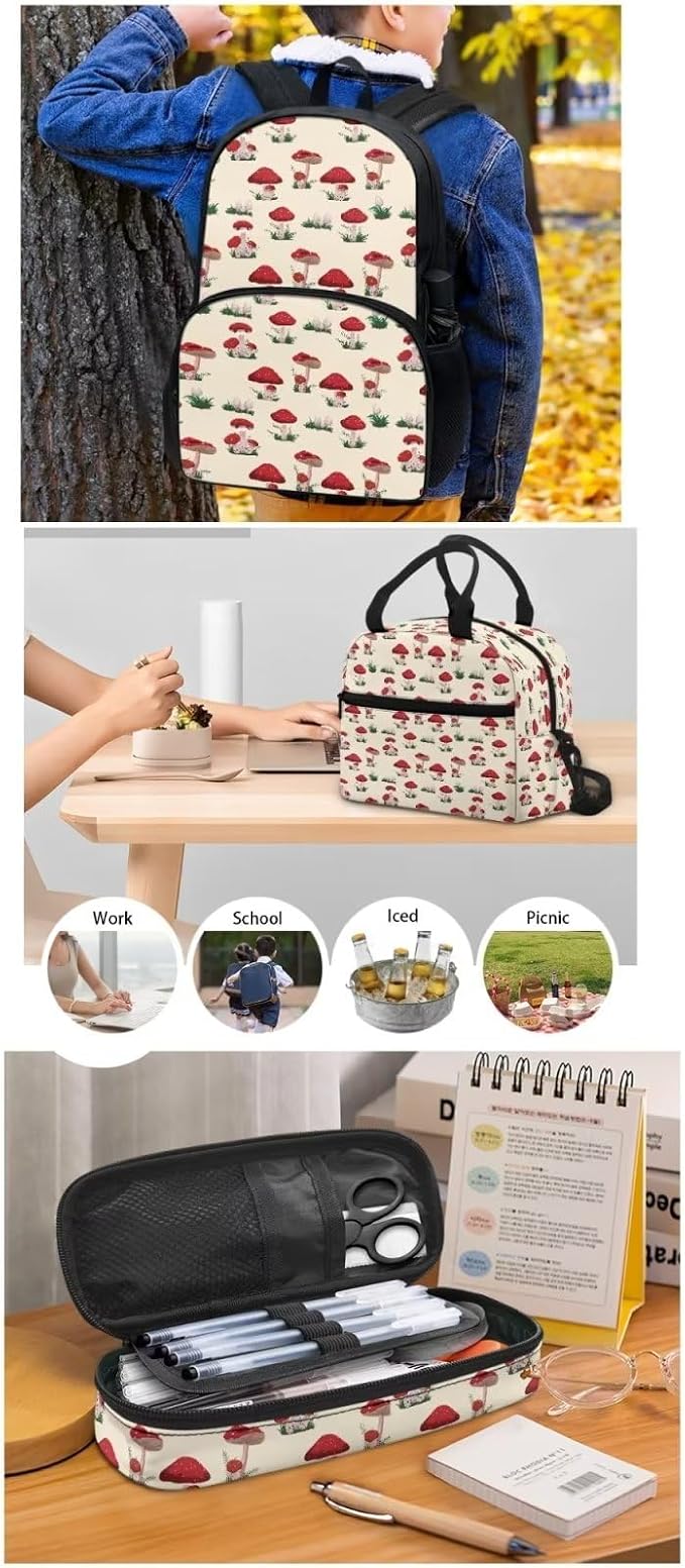 Beige Mushroom Backpack with Lunch Box and Pencil Case Girls Comfy Padded Cute School Backpack Set of 3 Bookbag for Student Lightweight Large Capacity Daypack - Image 5