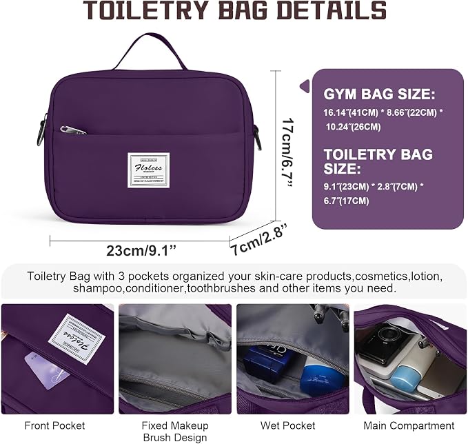 Travel Duffel Bag with Shoes Compartment, Overnight Weekender Bags for Women, Carry on Personal Item Travel Set,Extra Large(Dark Purple) | Overnight Carry-On Bag with Toiletry Bag & Wet Pocket & Trolley Sleeve,Extra Large - Image 6
