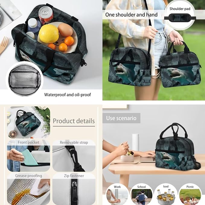 Kids Teen Backpack with Lunch Tote Pencil Case Set for Elementary Middle School 3D Shark Print Backpack with Front Pocket Lightweight School Bags Daypack for Outdoor Sports Travel - Image 3