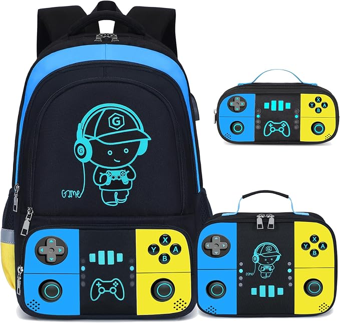 Bevalsa Backpack for School Boys, Cool Luminous Gamer Boys Schoolbag with Lunch Box & Pencil Case Set for Kids Teens Elementary Middle School, Bookbag Glow In The Dark(Yellow Blue Backpack) by Bevalsa