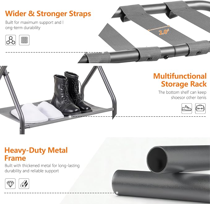 Heybly Luggage Rack for Guest Room, Pack of 2, Steel Folding Suitcase Stand with Storage Shelf for Bedroom, Hotel, Foldable Steel Frame, Guest Room, 26.2" L x 14.4" W x 20.5" H, Gray HLR004G2 - Image 6