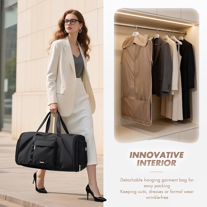 Convertible 2-in-1 Garment Bags for Travel,Women Men Carry On Garment Duffle Bag With Shoe Compartment,Hanging Suit bag,48L,Black - Image 6