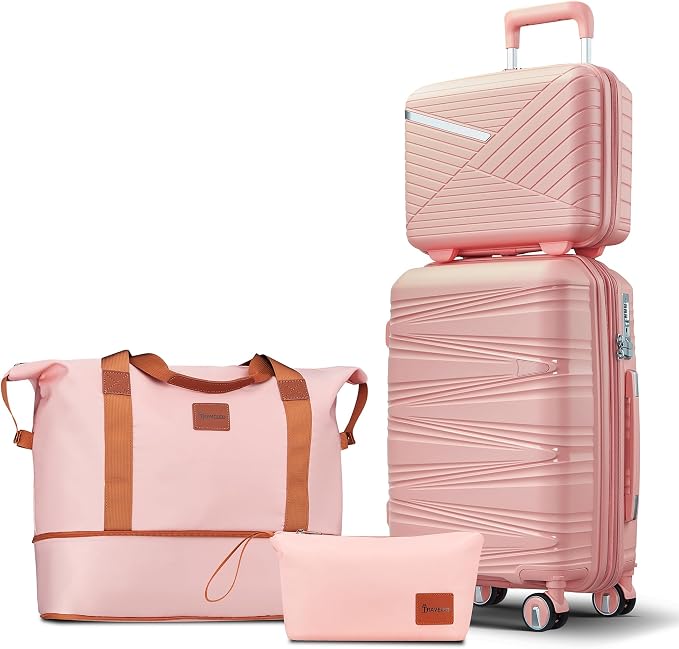 TRAVELEO 4 Piece Carry On Luggage Set 20 Inch, Expandable PP Hardshell Suitcase with Detachable Spinner Wheels & TSA Lock, Includes Cosmetic Case, Travel Tote & Toiletry Bag, Lightweight (Pink) by Unknown