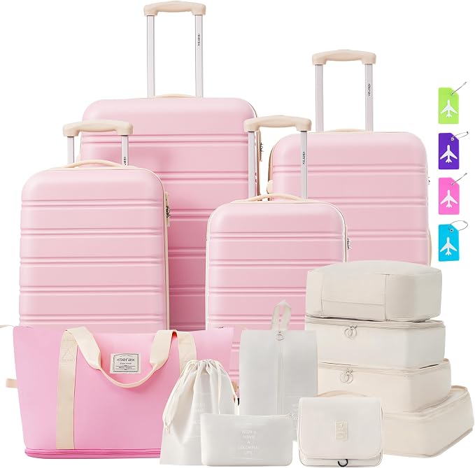Merax Luggage sets of 13 Piece 16 20 24 28 IN Carry on Luggage sets 4 piece Hardcase Light Pink Luggage Expandable Suitcase Set with Wheels by Merax