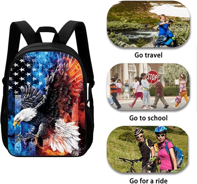 Fire and Ice Eagle American Flag Print 3Pcs School Bag Backpack Set for Teen Girl, 4th of July Kids Bookbag Durable Lightweight Knapsack with Lunch Box Pencil Case, Large School Bookbag Set - Image 3
