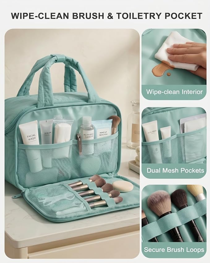 VPBAGE Large Quilted Toiletry Bag for Women, Puffy Travel Makeup Organizer with Removable Divider & Shoulder Strap, Waterproof Standing Cosmetic Case for Full-Size Toiletries, Gym, Vacation - Image 3