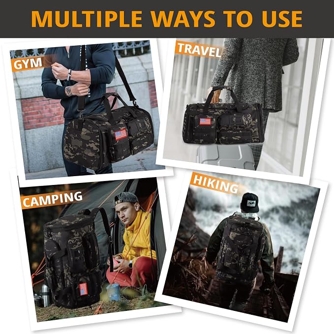 Expandable Gym Bag For Men,Tactical Large 3 in 1 Sports Duffle Bag With Shoes Compartment,Water Resistant Sports Gym Tote Bags Multi-functional Weekend Travel Backpack Overnight Bag - Image 2