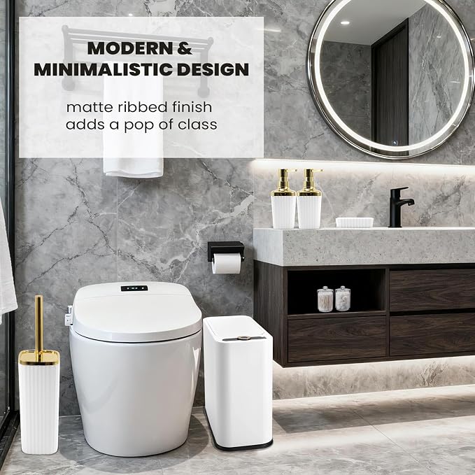 XLHOMO 9-Piece White Bathroom Accessories Set - Minimalist Matte Stripe Set with Slim Press-Top Trash Can, Soap Dispenser & Toothbrush Holder - Aesthetic Apartment Essentials - Image 6