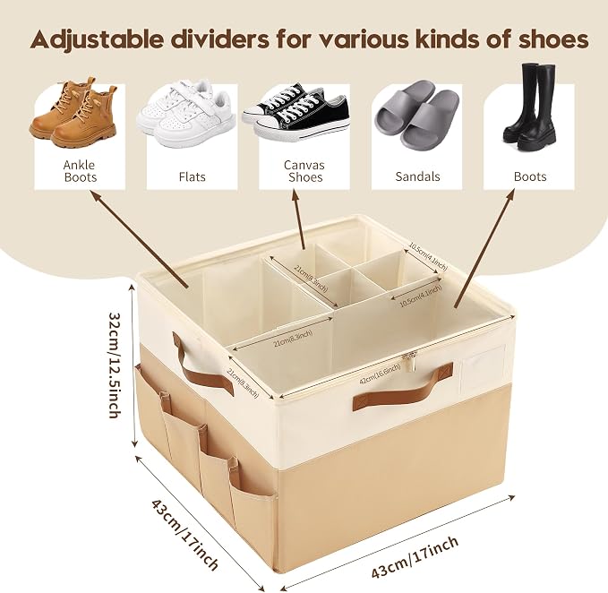 Varhomax Shoe Organizer Box for Closet, Fabric Shoe Storage Bin with Adjustable Dividers & Clear Cover, Holds up 16-32 Pairs of Sneakers & Sandals for Entryway, Cubby - Image 4