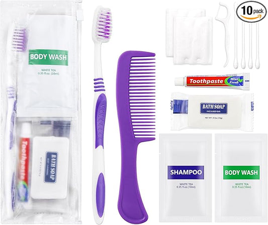 Pack of 10 Hygiene Kit, Toiletry Kit Bulk, Individually Packed, Travel Disposable Hygiene Kit, Homeless Care Package Supplies,Suitable for Hotel, Camping, Travel