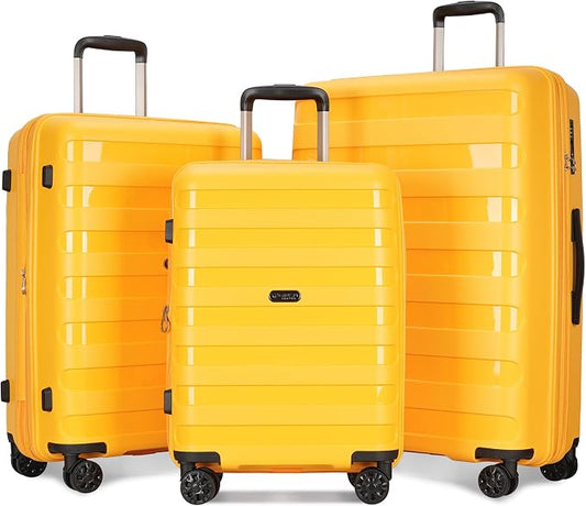 GinzaTravel PP material 3-piece expandable luggage sets with Spinner Wheels， Suitcase with TSA Lock，Large Luggage for Family Travel carry on 20/24/28，Yellow color by GinzaTravel