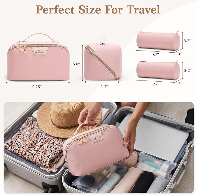 Travel Makeup Bag for Women: 3-in-1 Large Capacity Cosmetics Organizer with 2 Detachable Pouch - Vegan Leather Flat Open Toiletry Bag - Portable Travel Essentials for Full-Sized Bottles(Pink) - Image 5