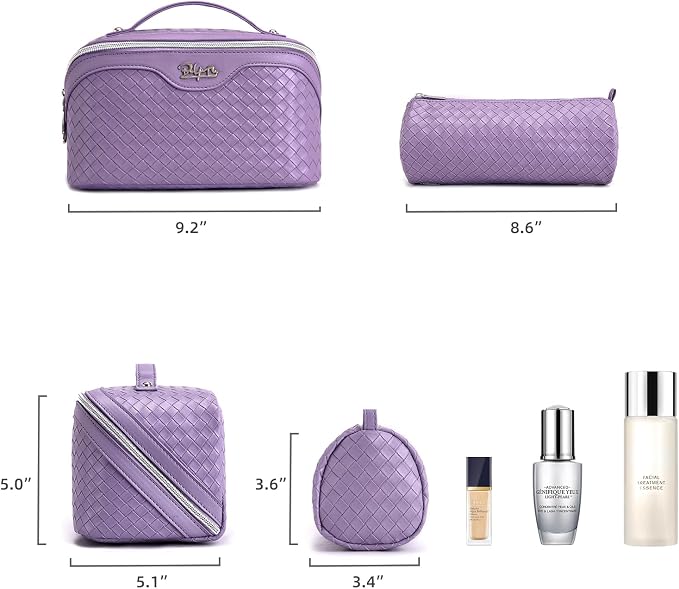BOYATU Travel Makeup Bag Cosmetic Bags for Women: Large Capacity 3 Pcs Set Make up Bag with Compartments - Waterproof Vegan Leather Toiletry Organizer Bags with Handle (L01 Purple) - Image 6