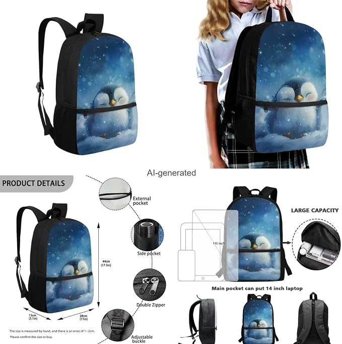 Penguin Backpack for Girls Kids Backpack with Lunch Box Water Bottle Carrier with Strap and Kawaii Pencil Case 4PCS Set Cute Bookbag with Front Pocket 17" Large Elementary School Bag for Boys - Image 3